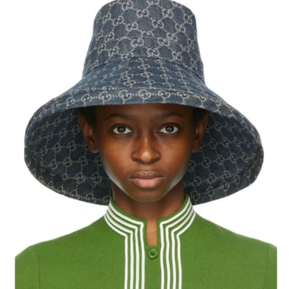 Gucci GG Denim Monogram Bucket Hat Wide Large Brim Navy Blue Jacquard Beach - Picture 5 of 16